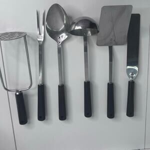 Vintage Androck Stainless USA Kitchen Utensil Set Black Bakelite Handle 6Pc